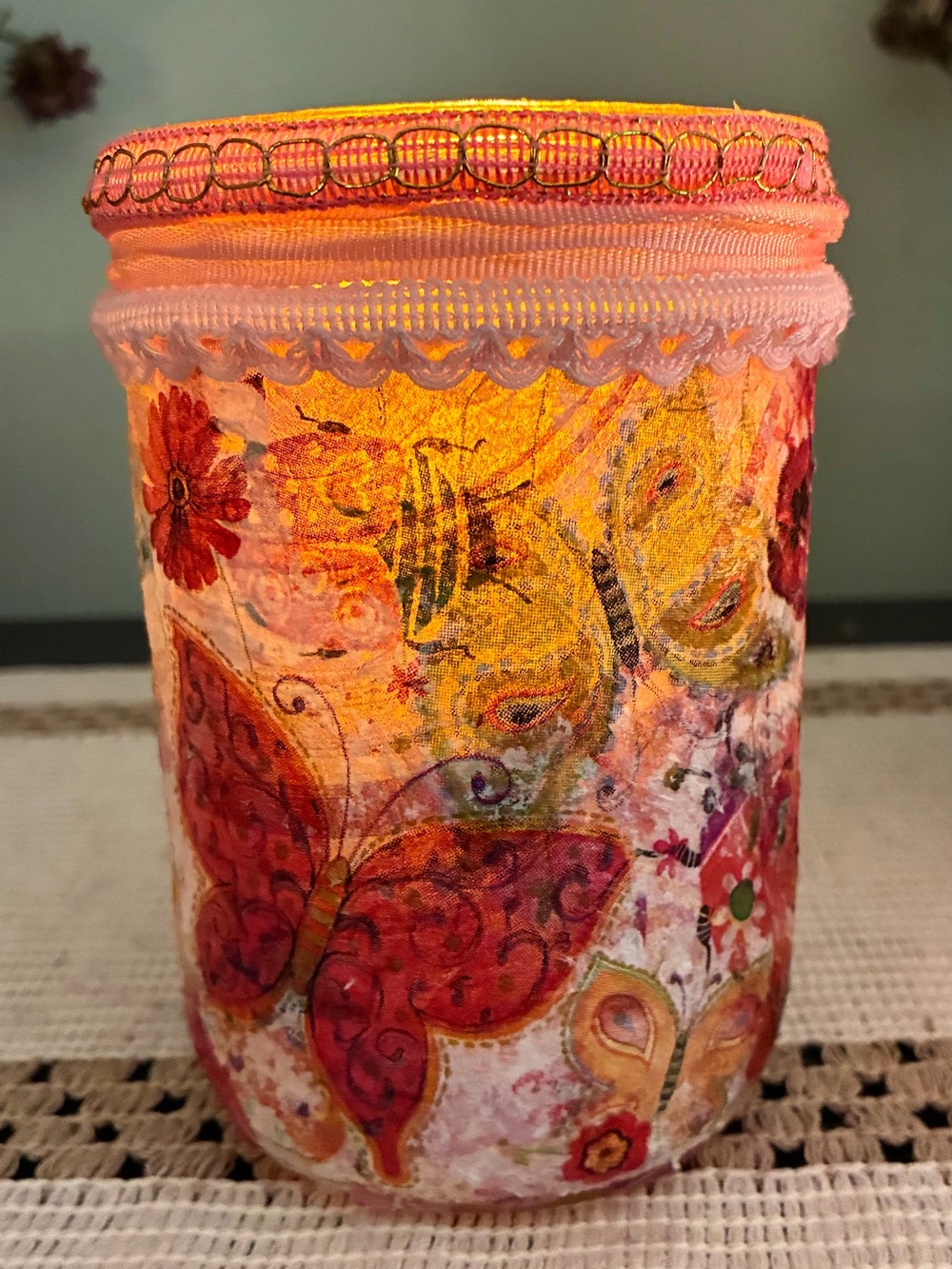 Handmade Butterfly and Ladybug Decoupage Collage Jar Candleholder 5”X3”
